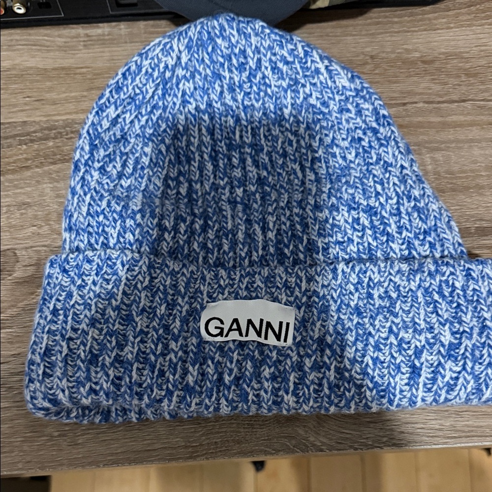 Ganni Blue and White Knit Beanie